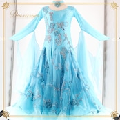 社交ダンス 衣装 スタンダードドレス ワンピース ドレス フロート レース 水色 フリル レース デモ 競技 ダンス パーティ 発表会 シルバー ブルー系 フロート さわやか イベント用 ダンス衣装 エレガント パフォーマンス