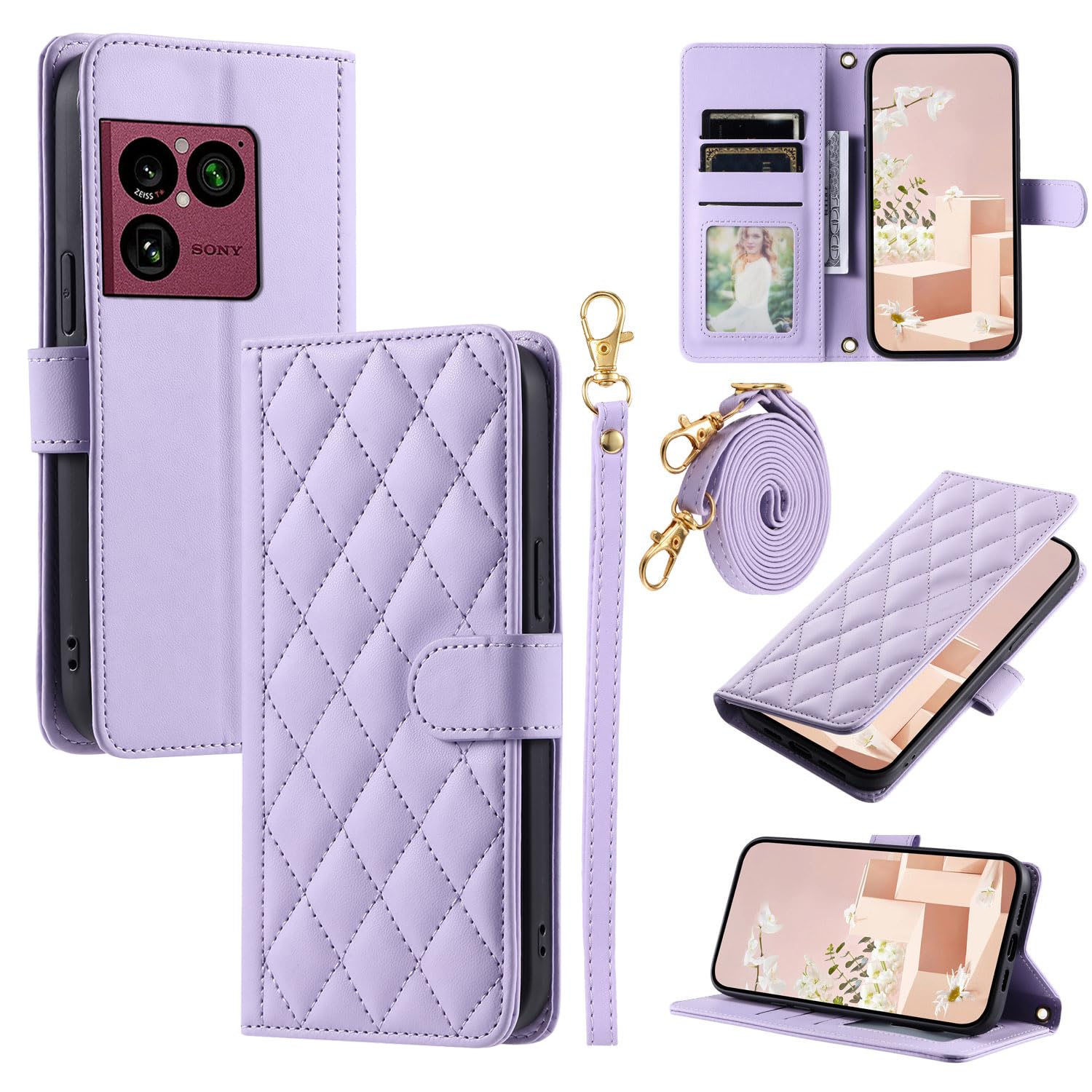 for SONY Xperia 1 VIII 用の 手帳型ケース 艶がある キルティグレザー調 エレガント SO-51G SOG17 対応の ケース かわいい 財布型 エクスペリア1 VIII 向けの スマホカバー 高質PU マグネット開閉式 カード収納 スタンド機能 液晶全面保護 レンズ保護 ショルダーストラップ付属 ラベンダー