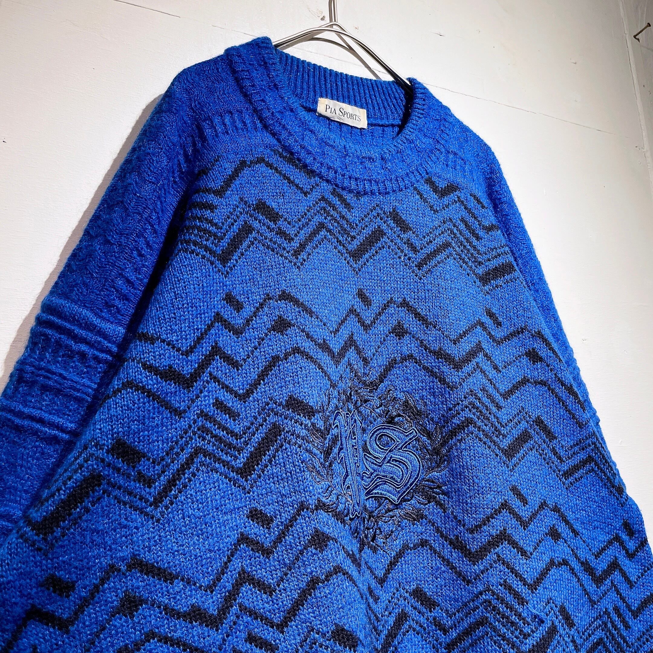 1990s Vivid Blue color zigzag pattern design loose silhouette vintage knit