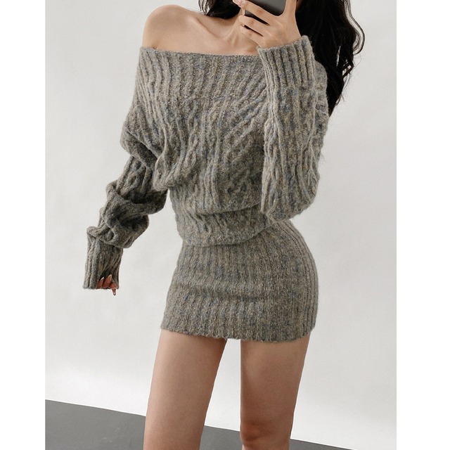 off-shoulder long sleeve tight mini knit one-piece la2691