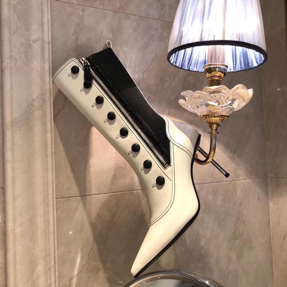 【新作】【送料無料】 先のとがったつま先ボタンの装飾女性のブーツホワイトブラックパーティーシューズシルバーのスチレットヒール先のとがったつま先ミッドカーフロングブーツ 靴 銀 10b323959463258