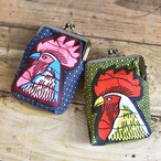 アフリカ布    がま口小物入れ / カードケース 　ニワトリ 柄 《 タテ 約11cm × 9cm  マチ付き 》