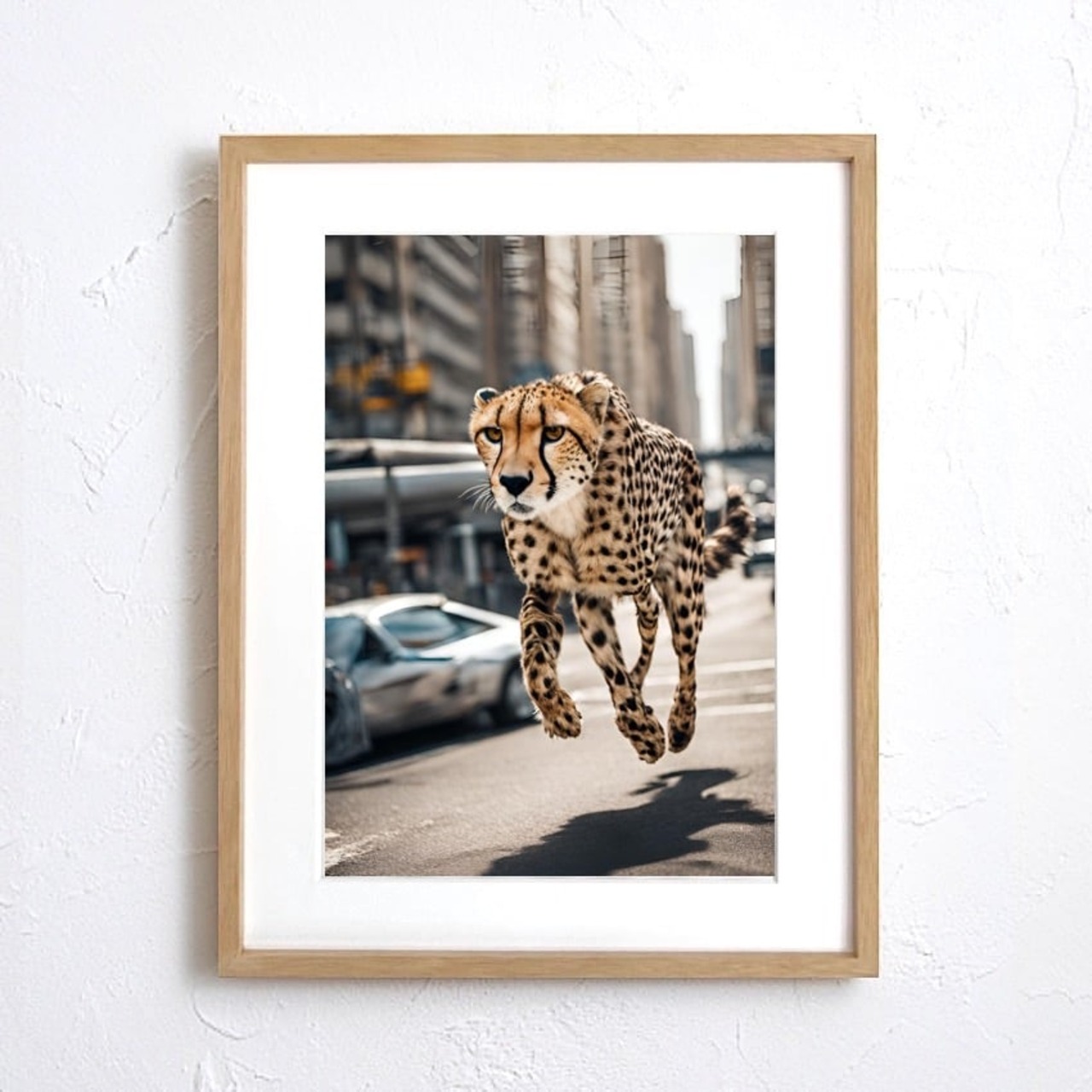 Cheetah Trip｜都会を駆け抜けるチーターのコラージュアートポスター｜非日常感とインパクトで魅せる額縁セット｜A4〜A2 A3ポスター