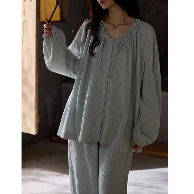 訳ありSALE【M-XL】puff sleeve blue cardigan-style pajamas p1612