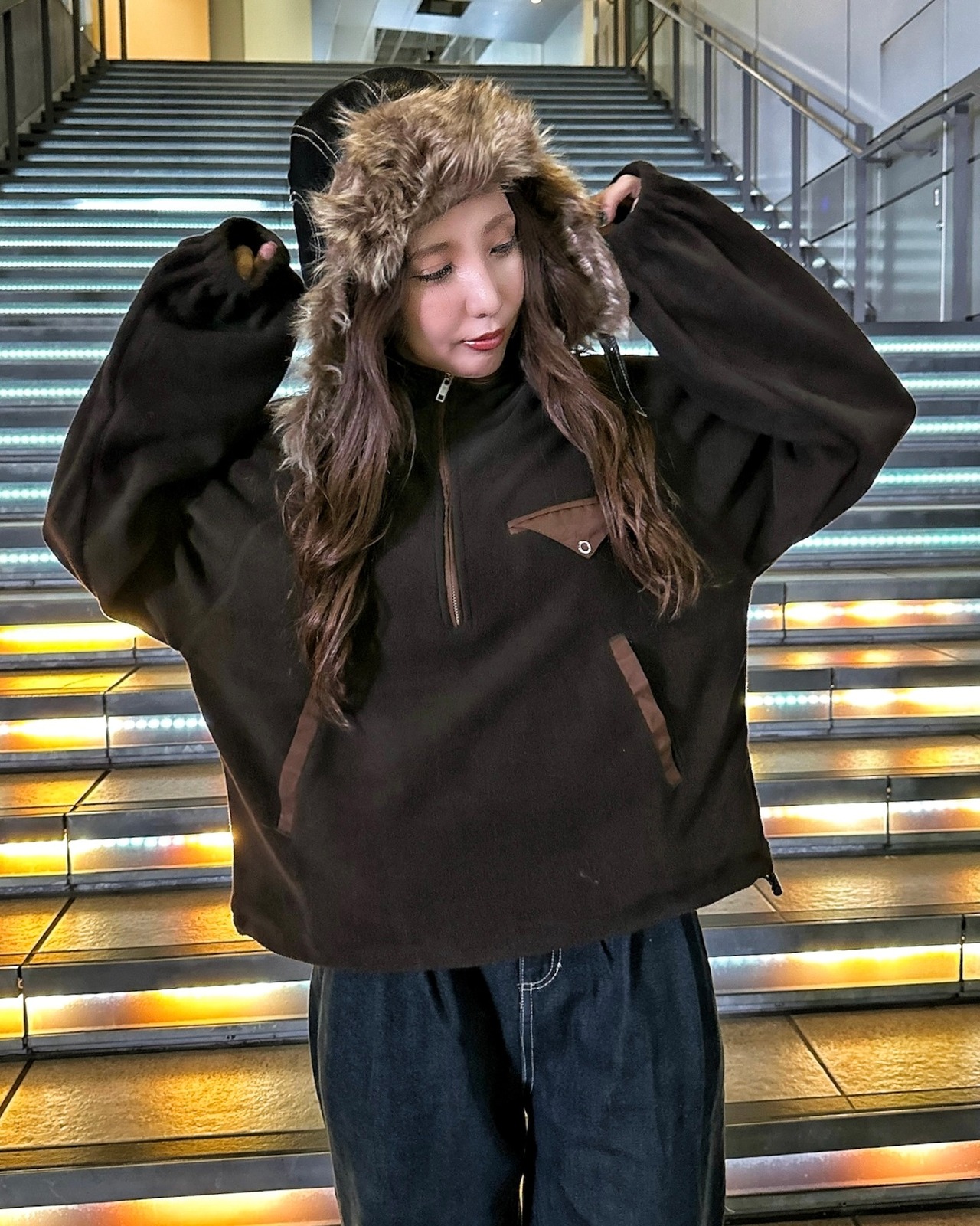 2way leather×fur flight cap／Black【ユニセックス】