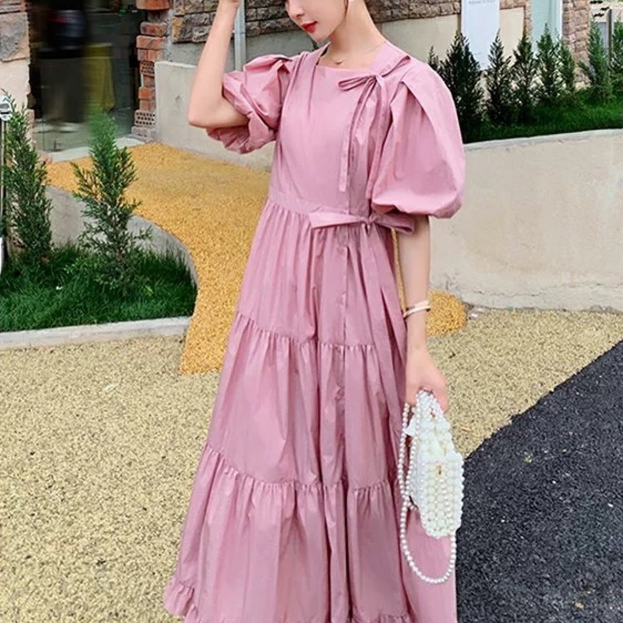 【S-XL】サイドスリット りぼんワンピース