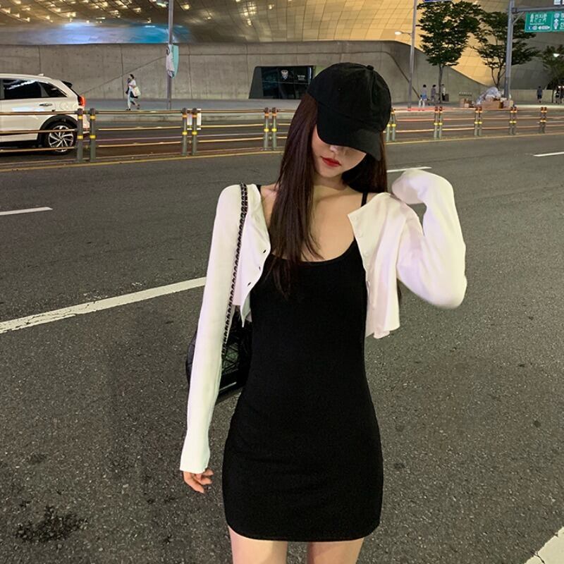 2020年初春の新しい白いスリム長袖ニットジャケットセクシーなインナーストラップドレスツーピーススーツの女性 1号婦人75925480080