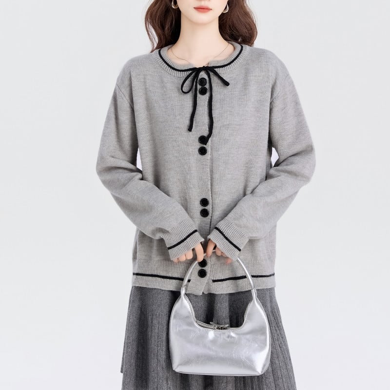 ribbon bi-color round-neck knit cardigan m1363