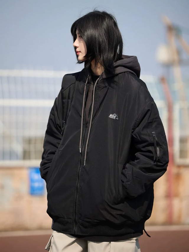 フェイク２ピースフーデッドボンバージャケット / Faux 2 Piece Hooded Bomber Jacket