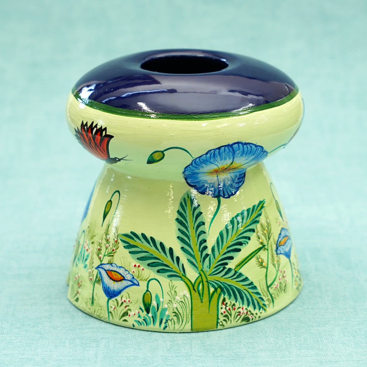 ラスク°メロン様　水入れ、フードボール2色 hug2ウォーターボウル lime yellow flower (blue) | tamaobazaaar