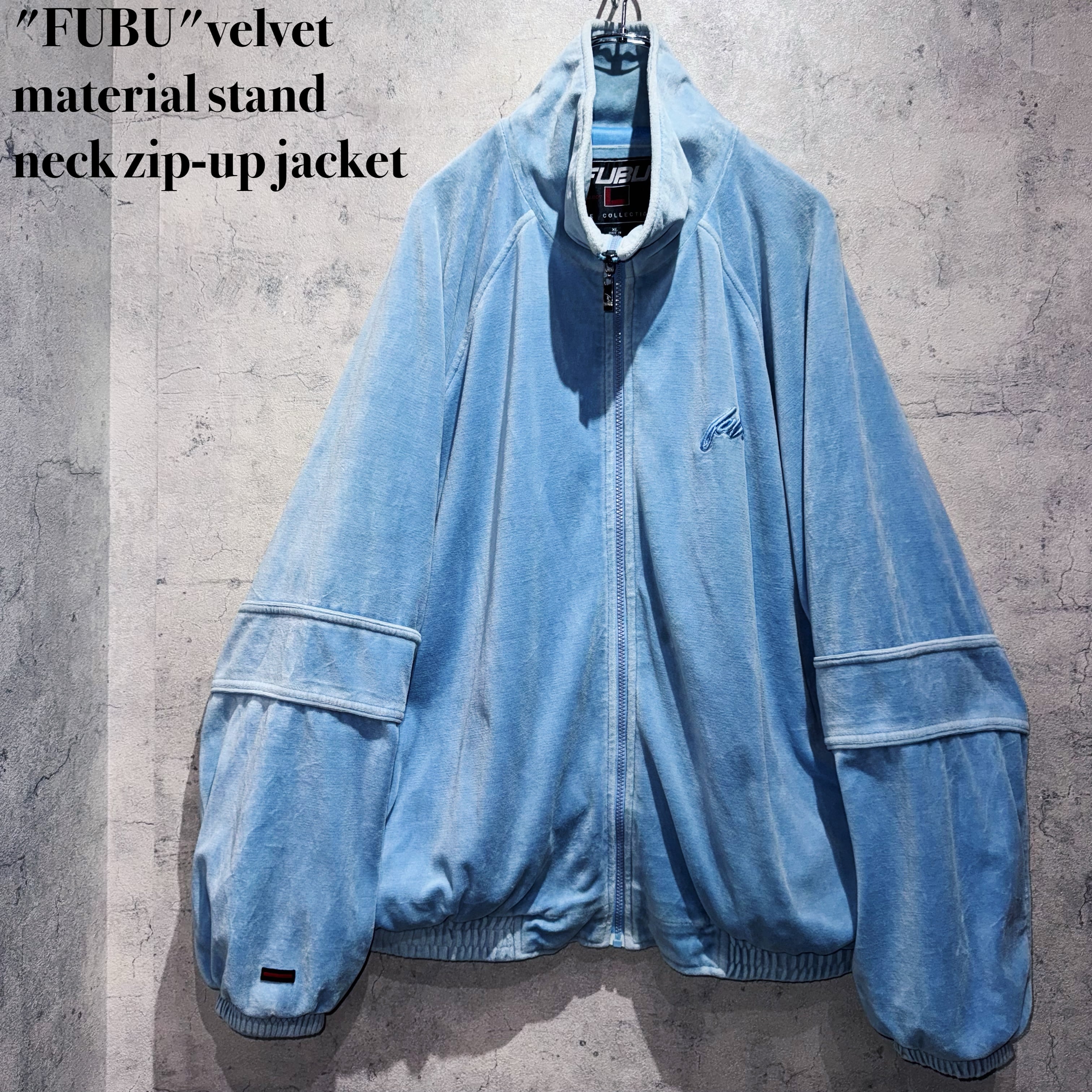 "FUBU"velvet material stand neck zip-up jacket