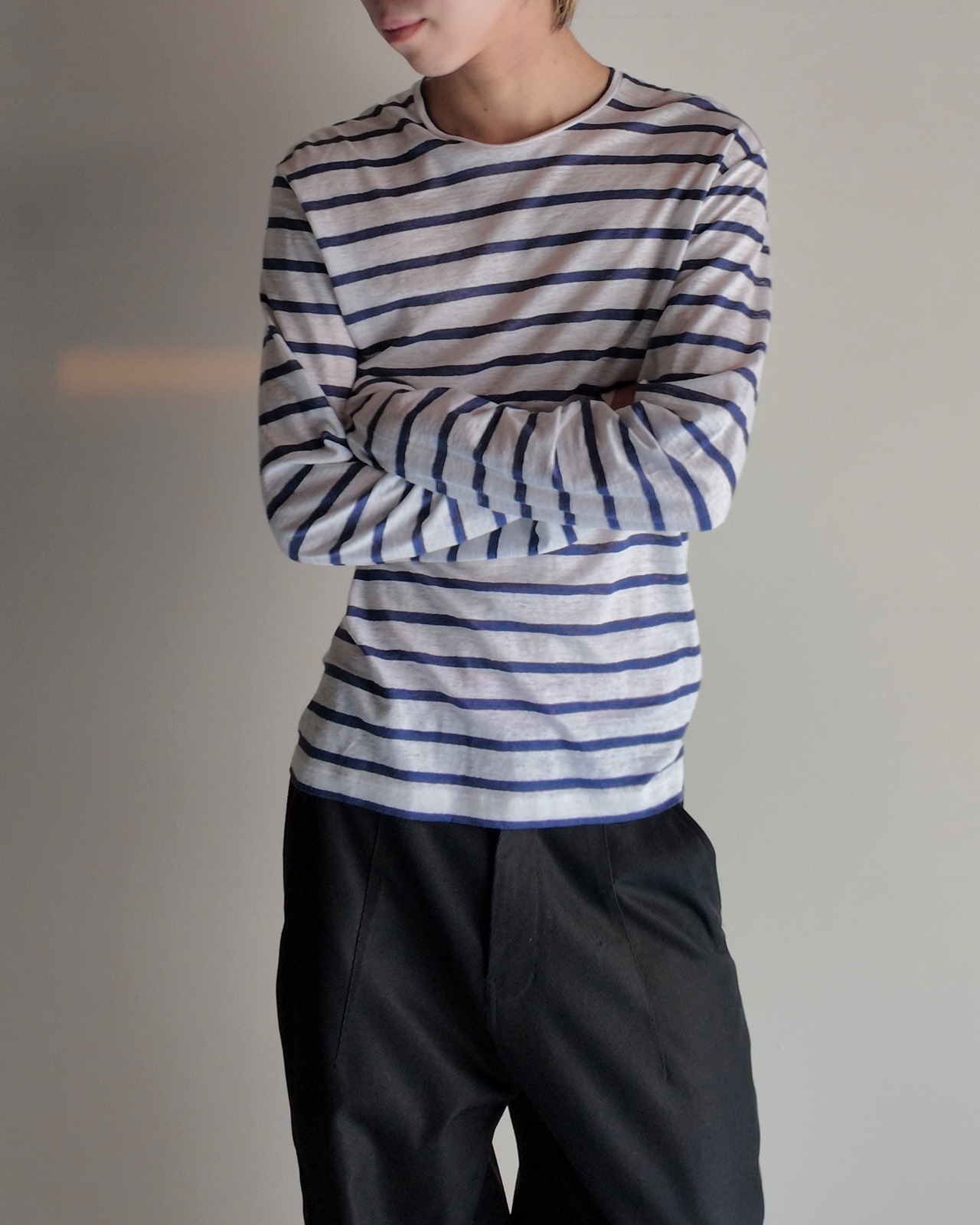 【DSQUARED2】linen crew neck border top
