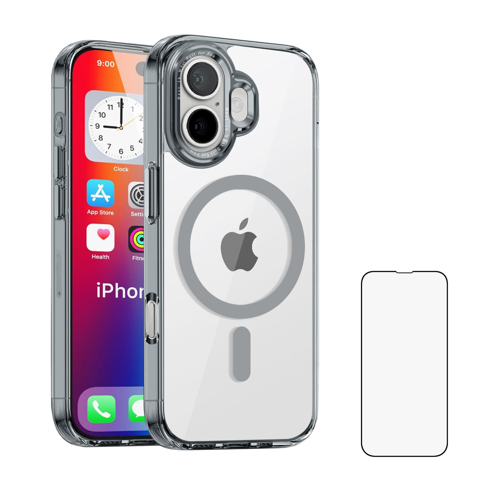 ZHYYD iPhone16ケース クリア【MagSafe対応・ガラスフィルム付き】アイフォン 16ケース 透明 耐衝撃 カバー 黄ばみなし ワイヤレス充電 マグセーフ iphone 16カバー レンズ保護 TPU ソフト 衝撃吸収 軽量 滑り止め(グレー)