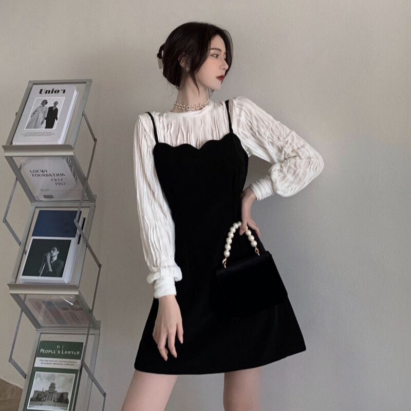 ブラックドレス オータムウィンターショートスカート ウェストAライン 秋物 冬物 ブラックストロベリース81429796152