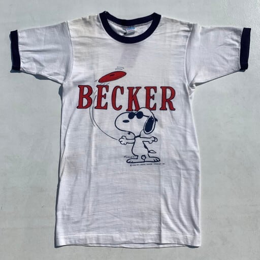 's Champion チャンピオン SNOOPY リンガーTシャツ スヌーピー 染み込み BECKER カレッジ バータグ 後期 ホワイト  ネイビー トリム SMALL USA製 希少 ヴィンテージ BA RMH   agito vintage powered by BASE