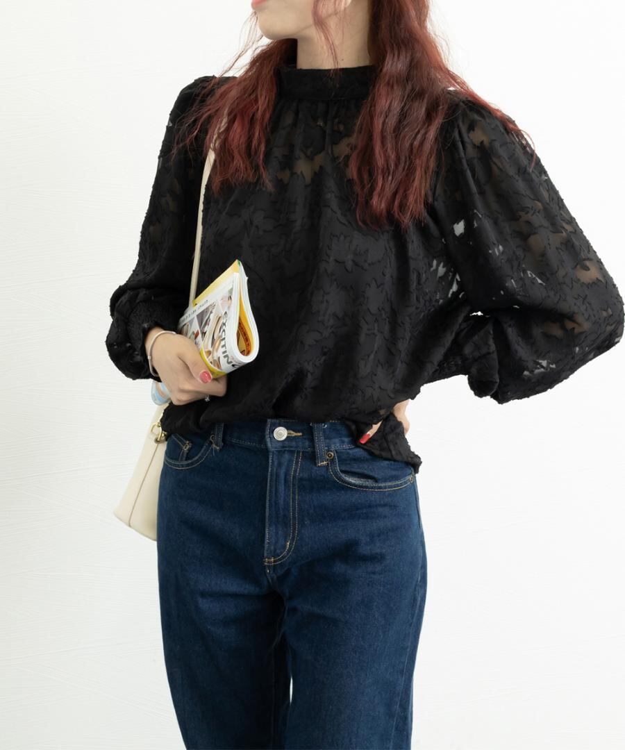 レディース フラワージャガード 春夏長袖ブラウス 花柄 ぽわん袖 レディース フラワージャガード 春夏長袖ブラウス 花柄 ぽわん袖