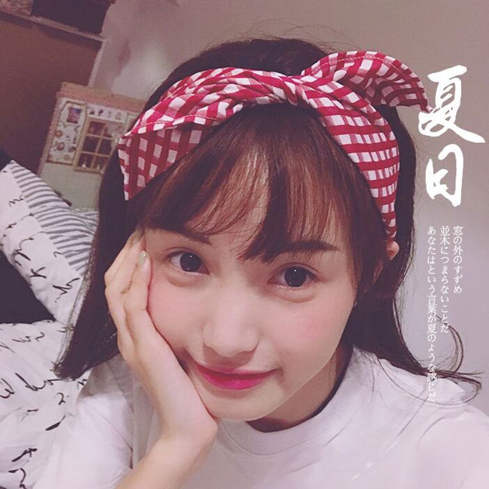 夏のシンプルな赤い格子縞のヘッドバンドヘッドバンドつばの広いウサギの耳蝶ネクタイ弾性弾性文学ヘッドバンド潮 ブラック・アイド・ピーズ73317904951