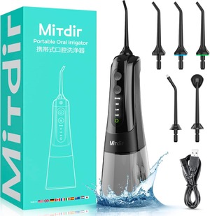 【在庫処分】口腔洗浄器 MiTdir ジェットウォッシャー 4段階調整 替えノズル5本 IPX7防水 ウォーターフロス 300ML取り外し可能な水タンク USB充電式 口腔洗浄機 (Black)