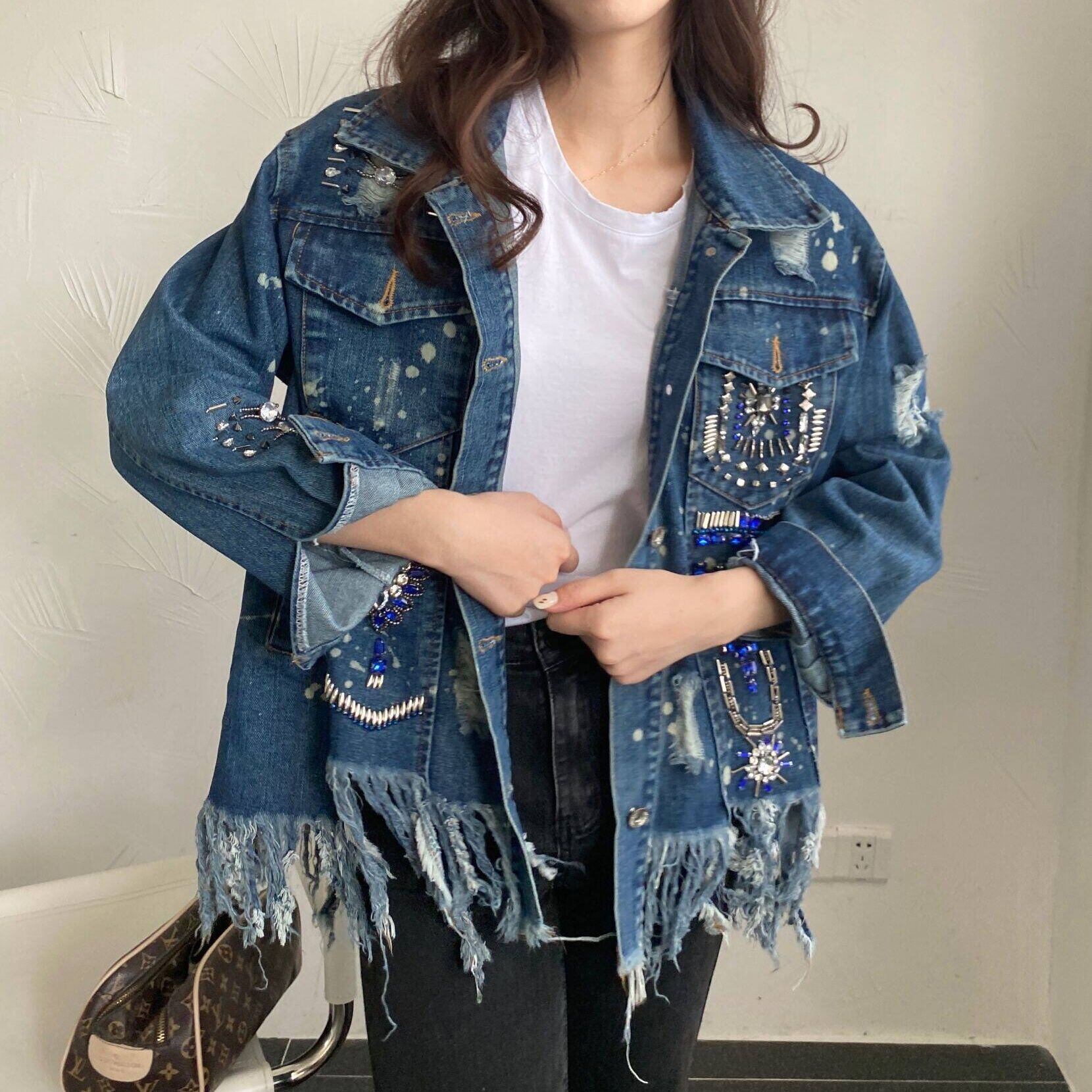 EMBELLISHED DISTRESSED FRINGED OVERSIZED JACKET M-18692