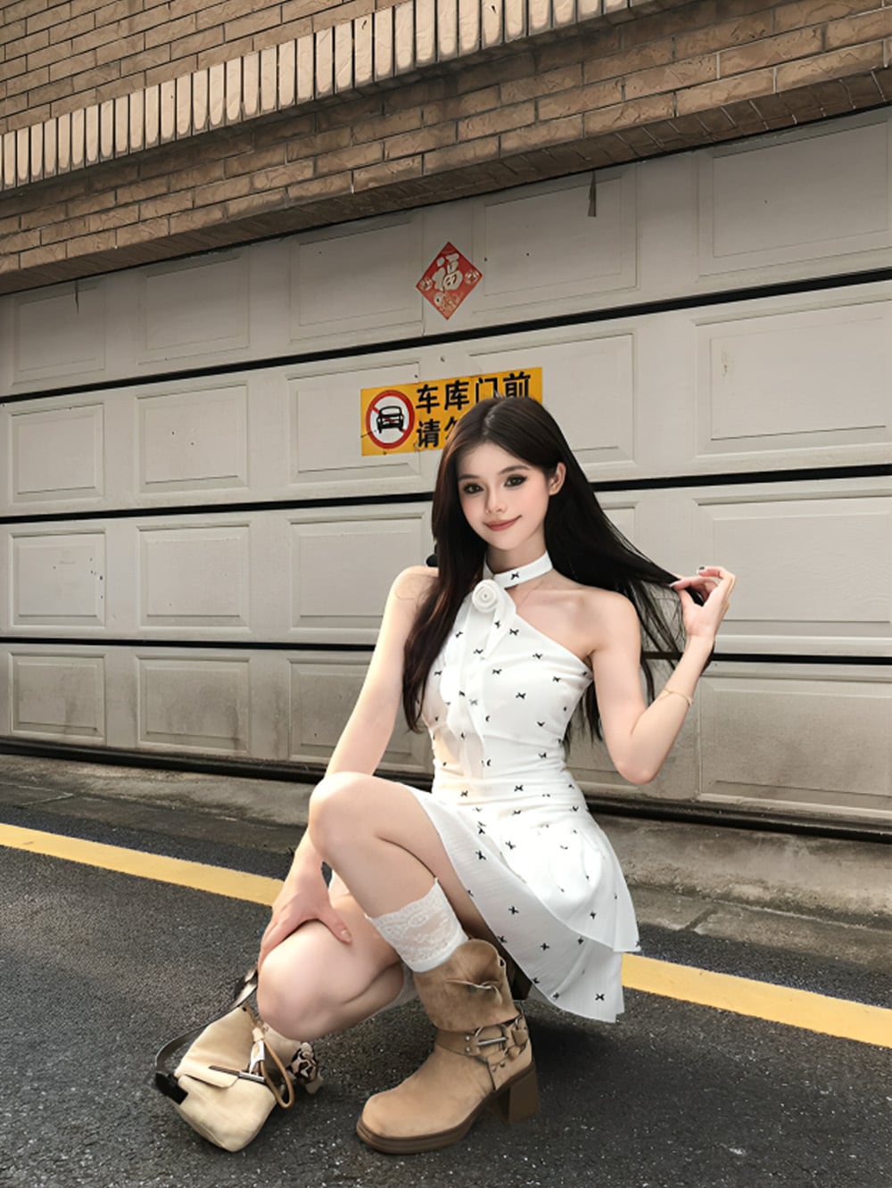 【韓国ブランド】フラワーホルターネックワンピースN76 ワンホン|フラワーホルターネックリボンモノグラムワンピース