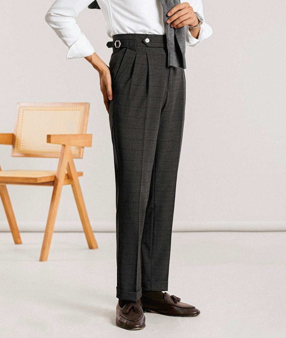 ベルトレスチェック柄ブラックダブルスラックス | Buona Vita