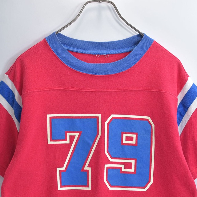 Used ナンバリング 79 ラバープリント デザイン フットボールTシャツ ショルダーライン アメカジ カレッジ 切替 ラグビー ヴィンテージ ビンテージ 古着 レッド メンズM相当