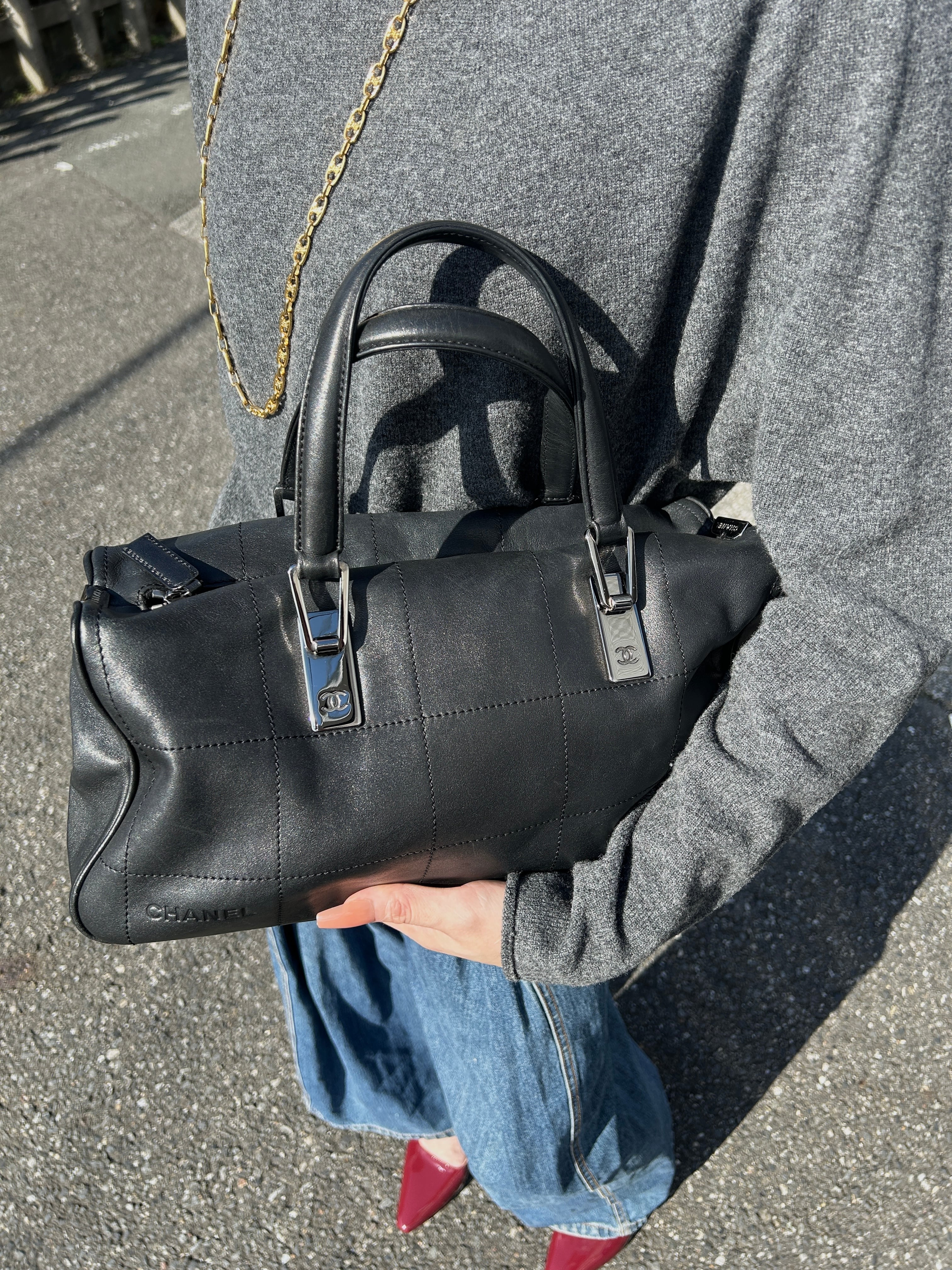 CHANEL シャネル チョコバー ハンドバッグ ブラック レザー ミニボストン vintage ヴィンテージ オールド 6yfva8