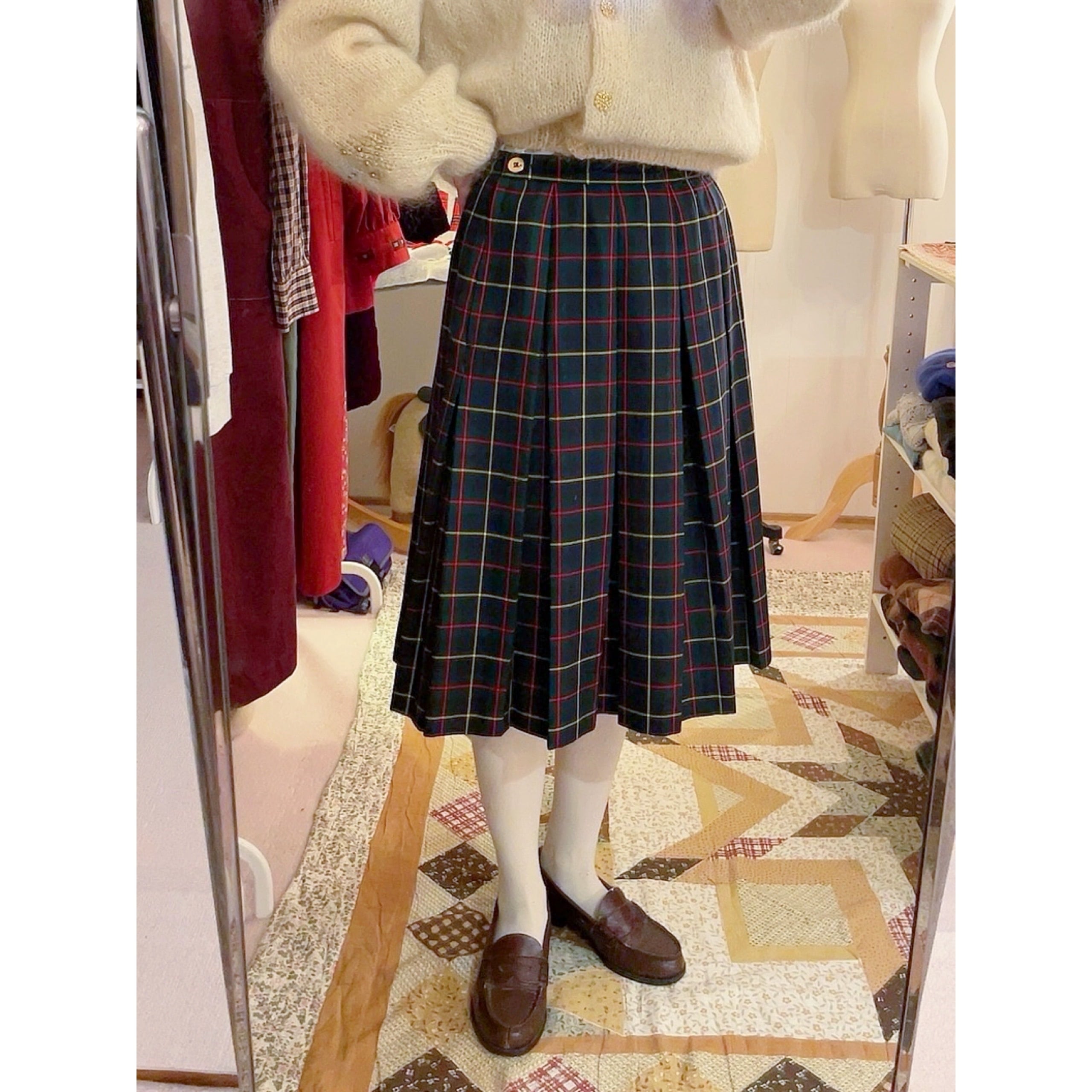 green check gold button skirt