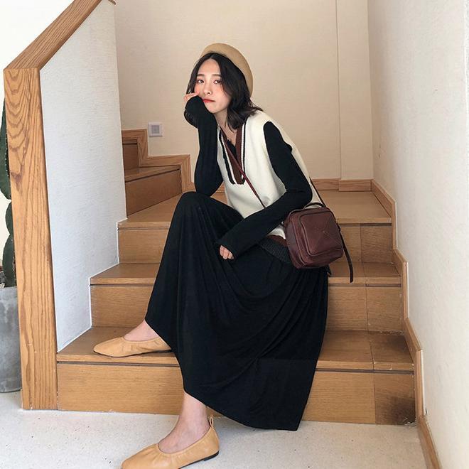 ツーピース シャツワンピース ニットベスト ワンピドレス ロング ロング丈 袖あり 長袖 襟付き セミフレア Aライン リボン ウエストリボン ポケット ハイウエスト 前開き かわいい 大人可愛い シンプル 大人 上品 おしゃれ アジアン エスニック エキゾチック 大人女子 ラフ ツーピース シャツワンピース ニットベスト ワンピドレス ロング