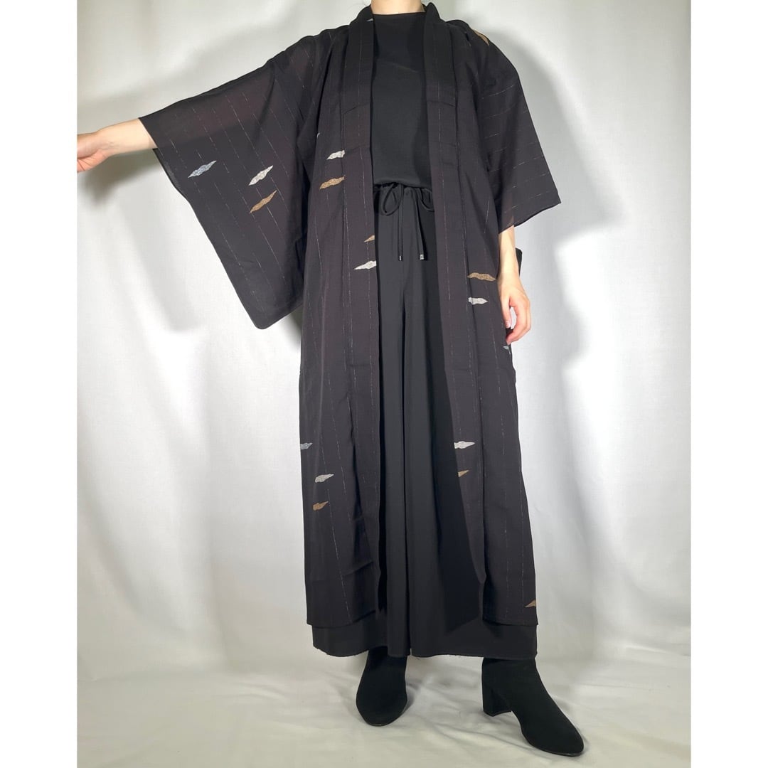 11887】 着物リメイク ロングコート 夏用 薄手 透け感 黒 抽象模様