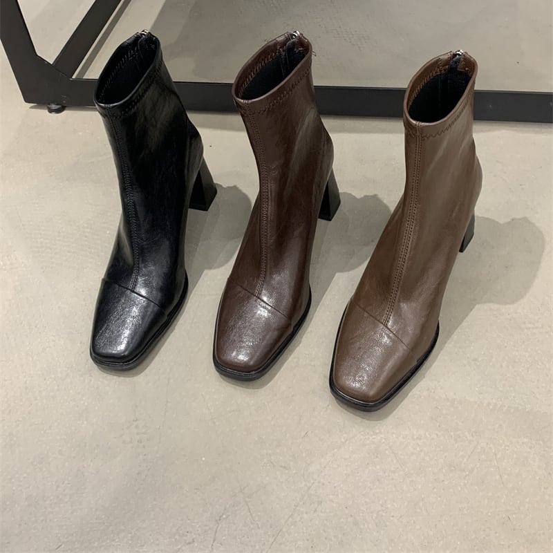 スクエアトゥ チャンキーヒール ショートブーツ ◆3color 204492