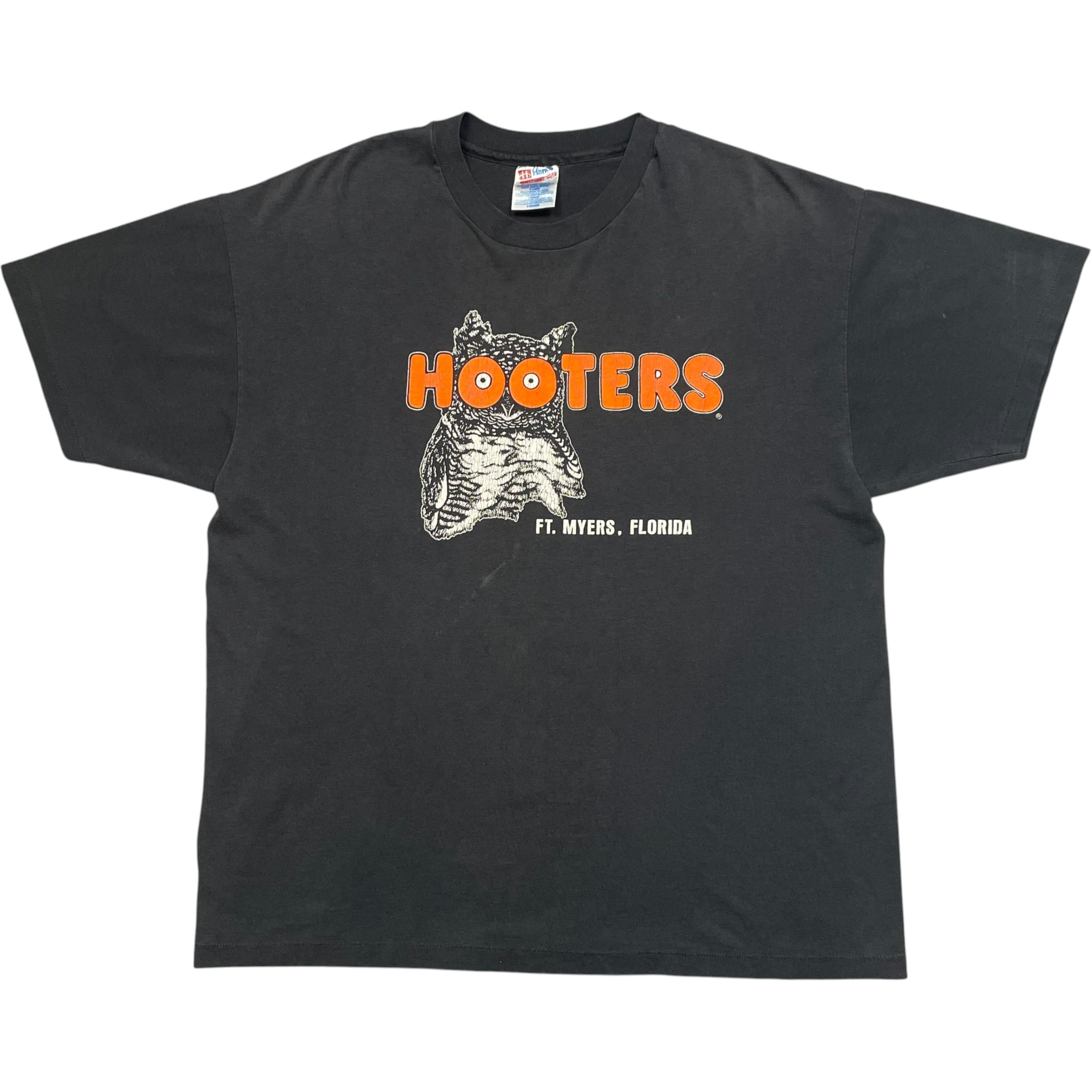 《XL》Hanes ヘインズ Tシャツ フーターズ レストラン アニマルプリント メッセージプリント フェード ブラック USA製 90年代 vintage no.10372