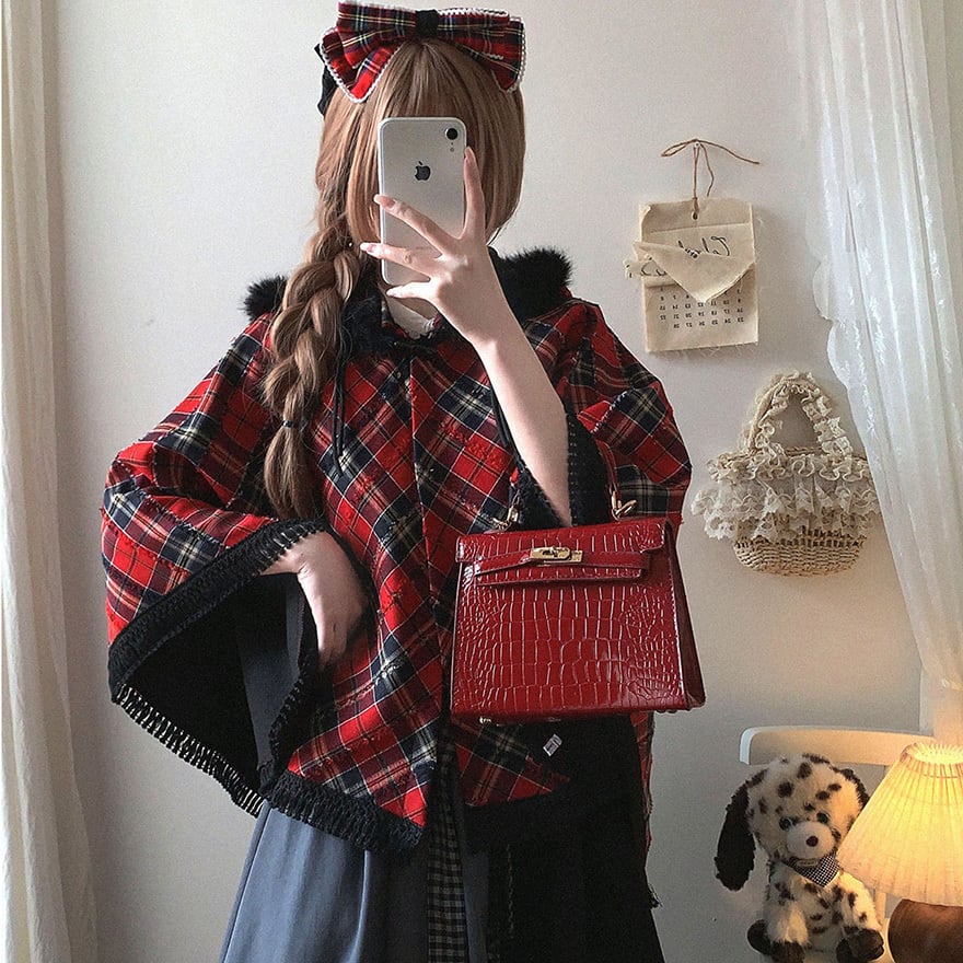 セミロリ 秋冬 ポンチョ フード チェック柄 かわいい