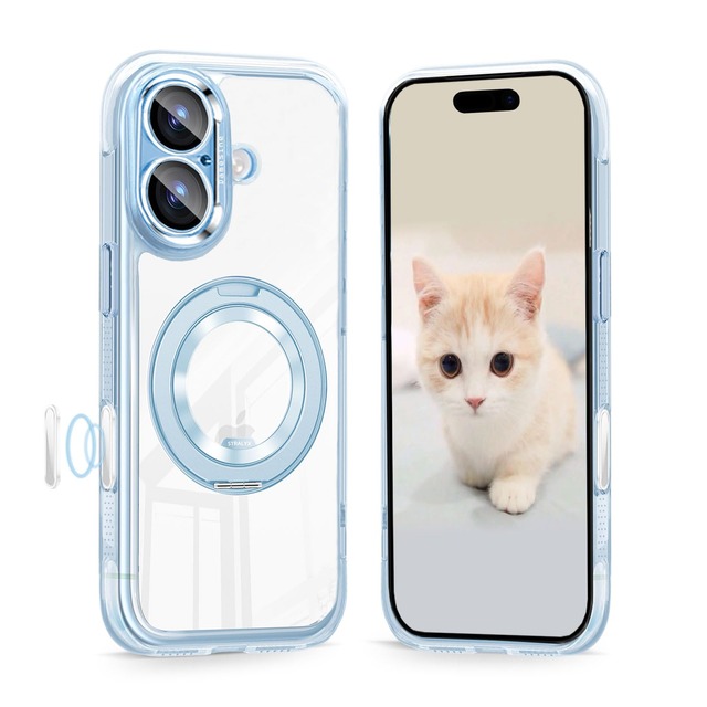 DAMESINE iPhone 17用ケース クリアブルー MagSafe対応 回転リングスタンドマグネット搭載 薄い軽量 エアバック内蔵耐衝撃 黄変防止 着脱可能カメラカバーキラキラ カメラコントロールボタン付き 可愛いあいふおん17ケース クリアブルー