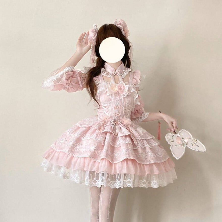 甘ロリJSK 3色展開 豪華レースフリル姫系ロリータドレス パフスリーブ