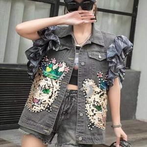 【送料無料】 デニムジャケット 半袖 フリル カジュアル系 フェミニン系 大人可愛い こなれ感 きれいめ ボリューム袖ボリューム袖 レディースファッション 可愛い 韓国 20代・30代 春 お出かけ・女子会 ブルー