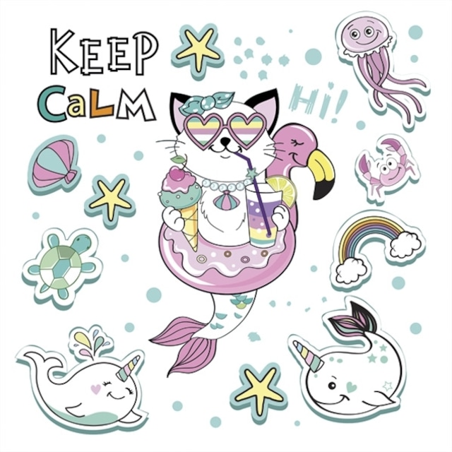 【Daisy】バラ売り2枚 ランチサイズ ペーパーナプキン Mermaid Cat Vibes ホワイトxブルー