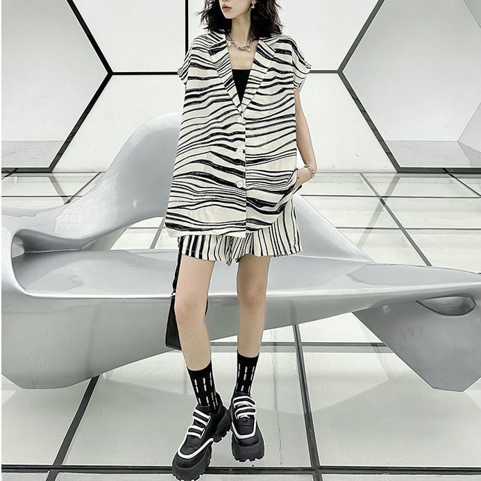 STRIPED BLAZER COLLAR SHORT SLEEVE SHORTS SETUP M-17160