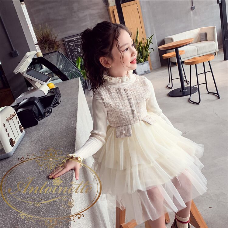 2色 ワンピース 女の子 子供 フォーマル ドレス 上品 韓国子供服 Kids One Piece White Gray Dress Antoinette