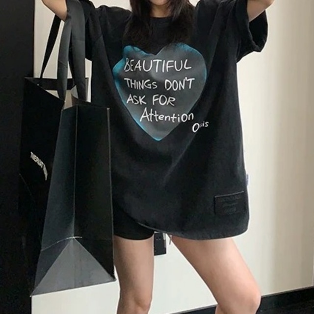 ビッグハートレタープリントルーズラインTシャツ 2col R02445