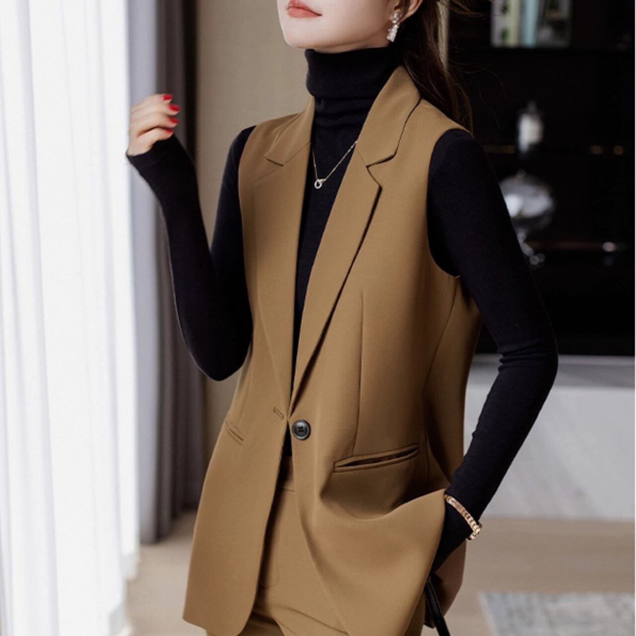 ノーカラー Vネック シングルブレスト ジレ K1046