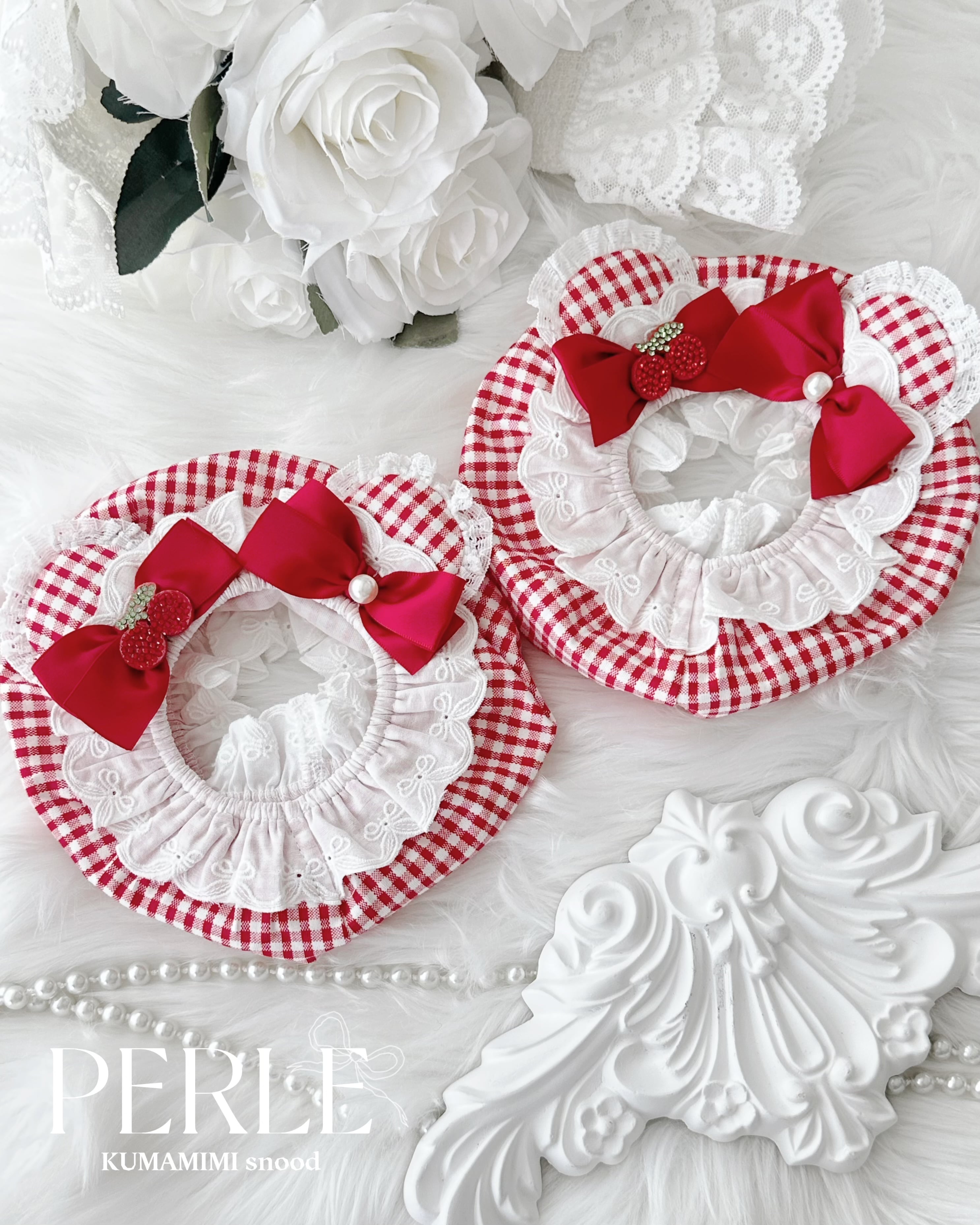 Red check ribbon くまみみ♡スヌード