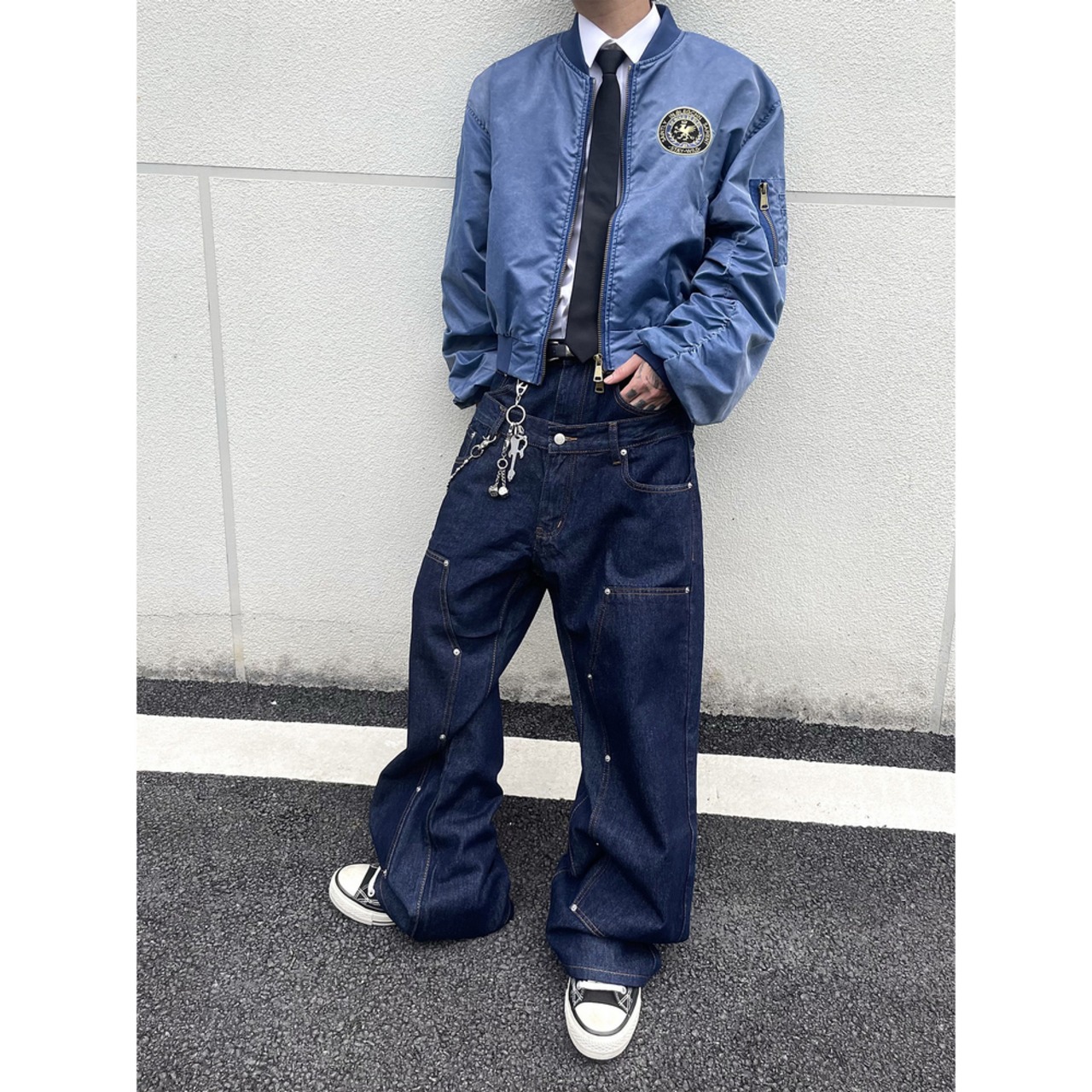 ストリート  フェイクレイヤードデニムパンツ P402