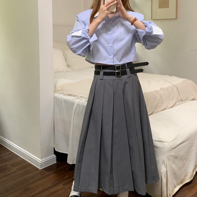 ゴスロリ通販 With U ゴシック ロリィタプリーツ スカート ロング丈 ダブルベルト 高見え JK ストリート系 カジュアル かわいい 韓国 オルチャン 原宿ファッション