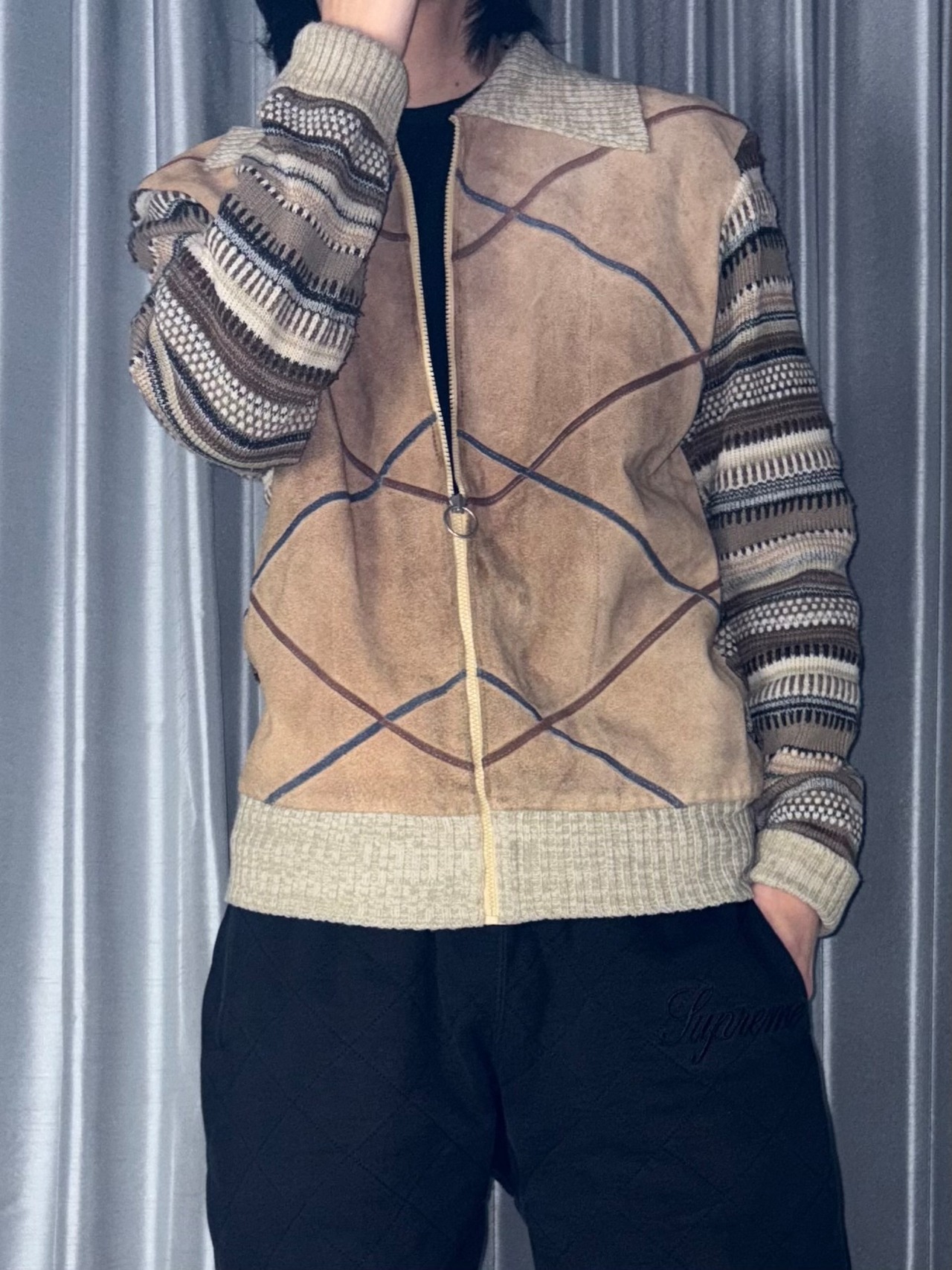 vintage 1970’s leather switching knit jacket