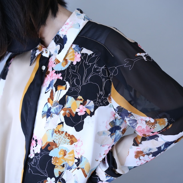 '"和" motif special flower art pattern fly-front see-through shirt