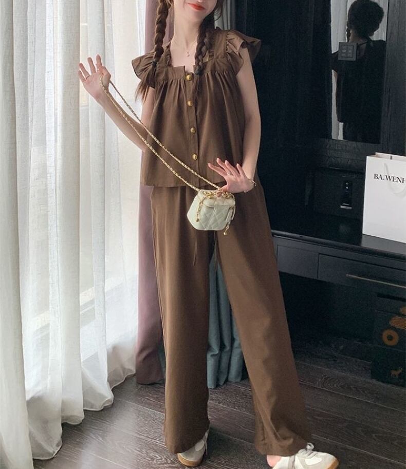 セットアップ レディース ノースリーブトップス ワイドパンツ ラッフル