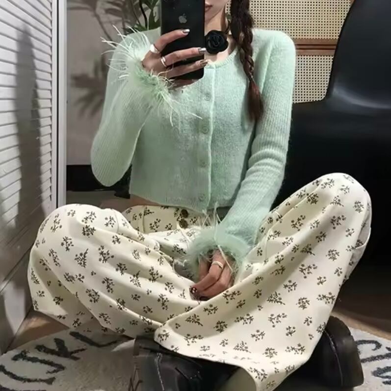 feather sleeve fluffy knit