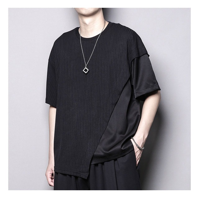 Asymmetrical irregular patchwork crew neck short-sleeve T-shirt(MT1473)