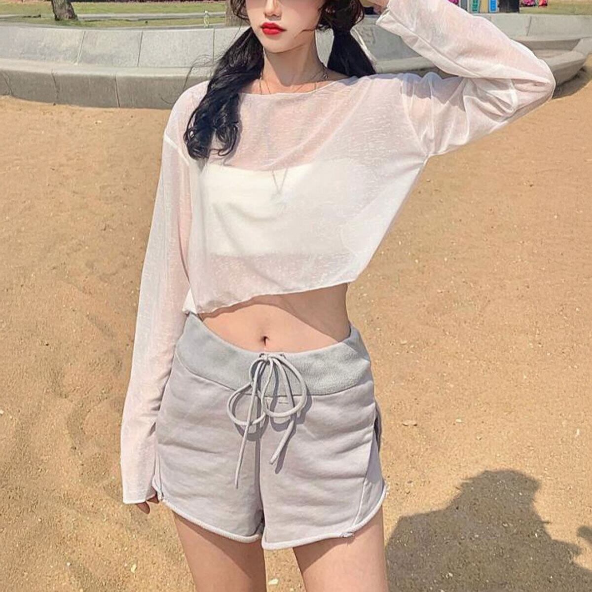 シアートップス 透け感 シースルー レディース 春夏秋 韓国 シアー Tシャツ おしゃれ きれいめ 重ね着 レイヤード 大人 カジュアル 無地 肌見せ 薄手 日焼け対策 大人可愛い 大人女子